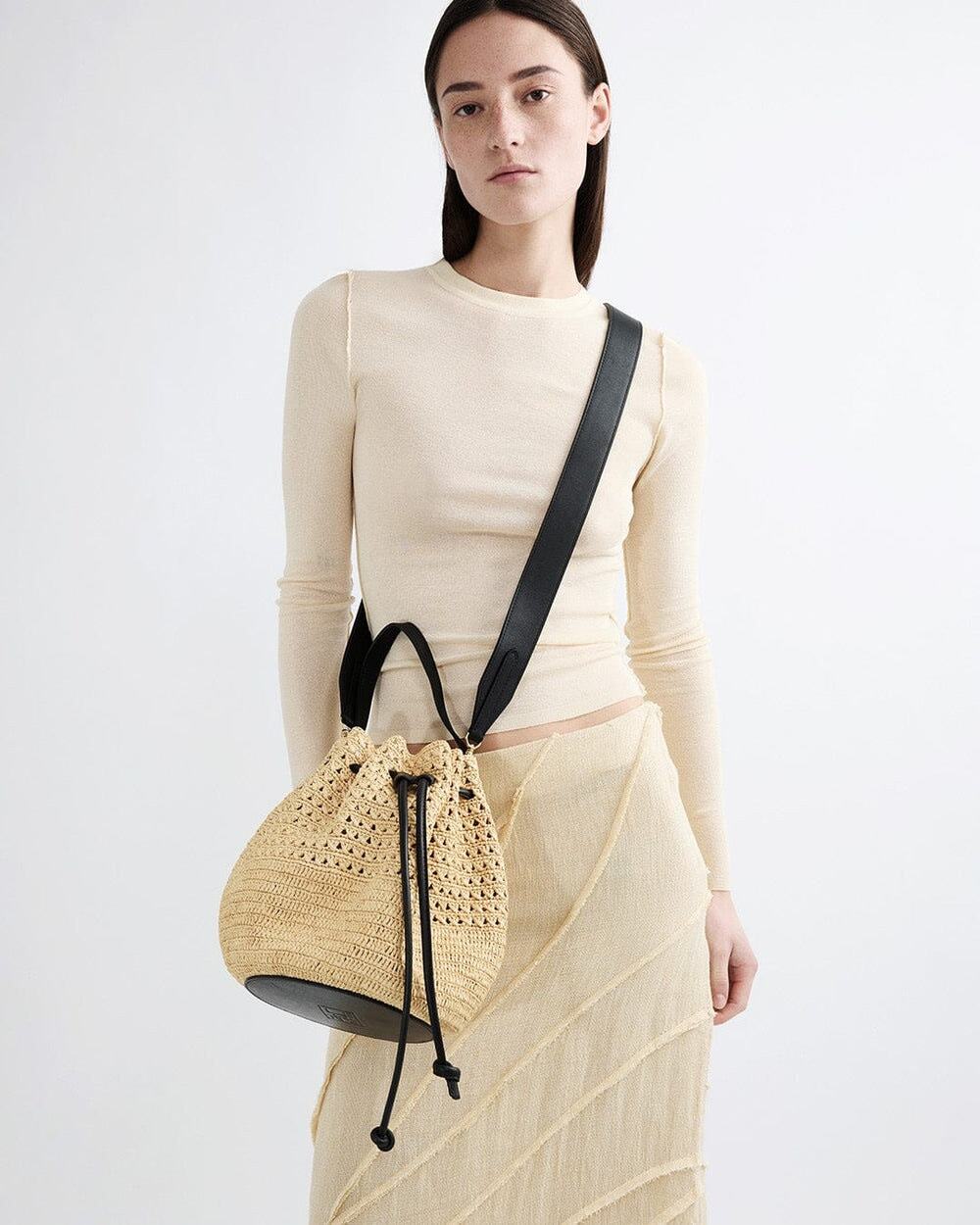 Janessa Leoné NWT Cami Bag Natural Raffia Black Leather Drawstring Crossbody